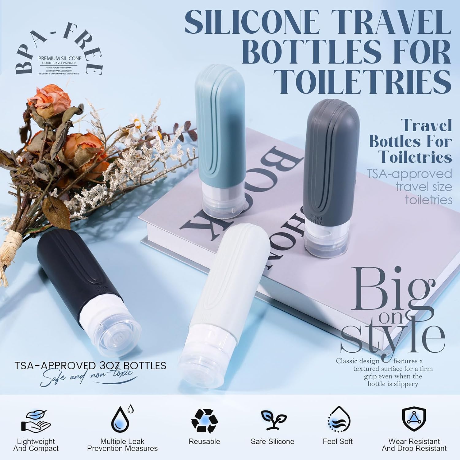 Travel Bottles for Toiletries, 3oz TSA Approved Travel Size Toiletries, Silicone Leak-Proof Refillable Containers, Squeezable Liquid Essentials Bottles W/Clear Bag (GRAY) - Image 2