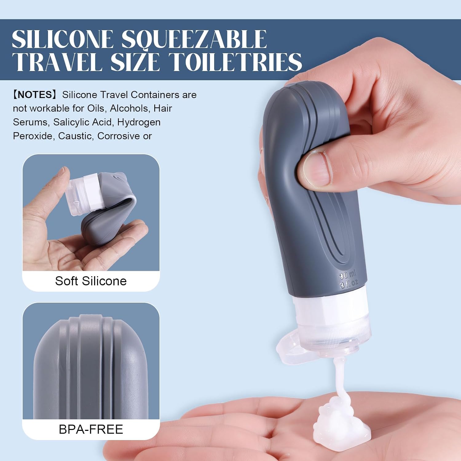 Travel Bottles for Toiletries, 3oz TSA Approved Travel Size Toiletries, Silicone Leak-Proof Refillable Containers, Squeezable Liquid Essentials Bottles W/Clear Bag (GRAY) - Image 3