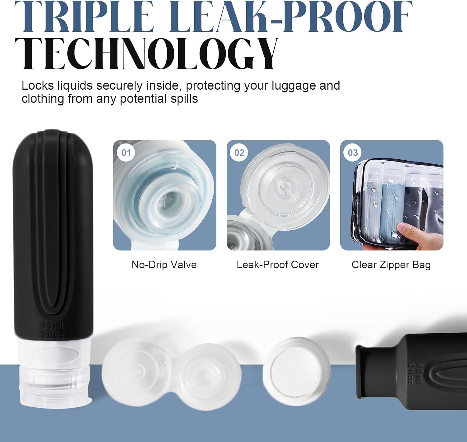 Travel Bottles for Toiletries, 3oz TSA Approved Travel Size Toiletries, Silicone Leak-Proof Refillable Containers, Squeezable Liquid Essentials Bottles W/Clear Bag (GRAY) - Image 4